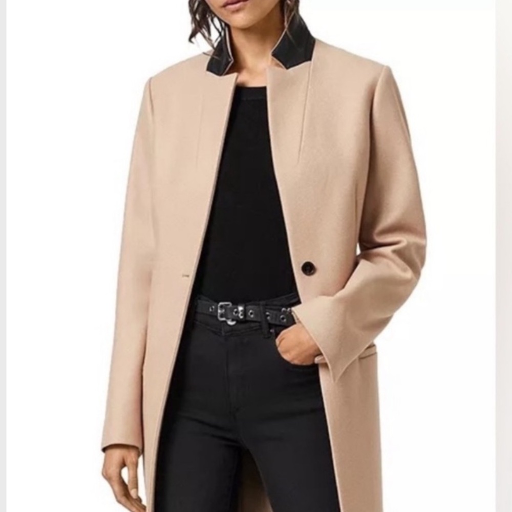AllSaints Lyla Italian Cloth Coat | Size 4 | Camel Wool Blend Minimalist Jacket